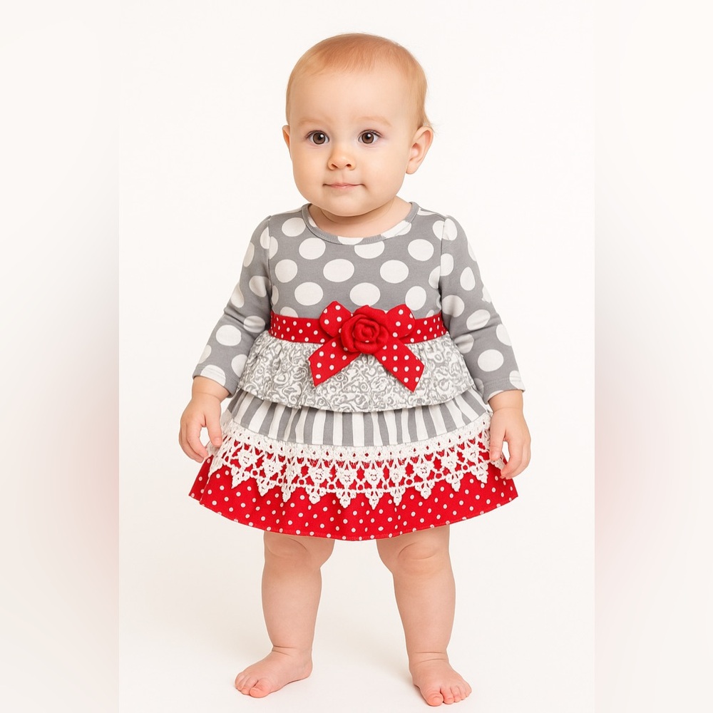 Rare Editions Baby Girls Gray‎ Polka Dot Holiday Dress 12M Red Bow Lace Trim